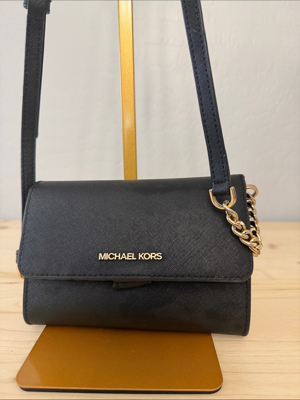 MICHAEL KORS Black Crossbody with Gold Chain Accent